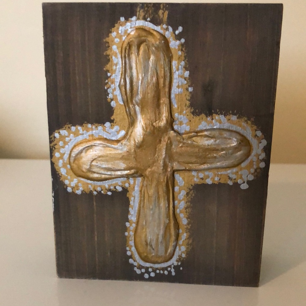 Handcrafted cross on wood art. 4” x 5”